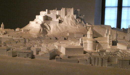 Model of fortress; it is white, meant to look as if built from salt