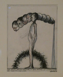 Der Schluss der Errinerung ist der Anfang der Beschäftigung mit der Errinerung. Drawing of a standing figure; in an arc around the head are several drawings of the head at different angles