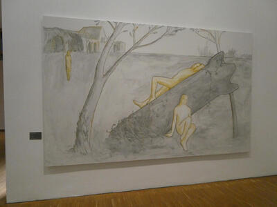 Drawing of seated, standing, and reclining yellow figures near a broken tree.