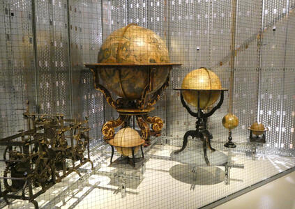 Display case with several large globes