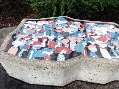 bench with profiles of many people