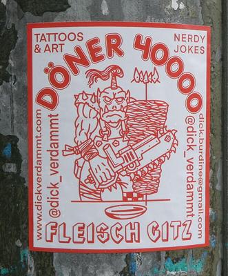 Line art of barbarian carving döner with a chainsaw. Text: Döner 40000 / Tattoos & art / Nerdy Jokes