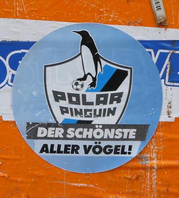 Penguin kicking soccer ball. Text: Polar Pinguin / Der Schönste aller Vögel!