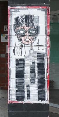 Drawing of man’s face with dashed lines vertically on face. Below, rectangles in black and white.
