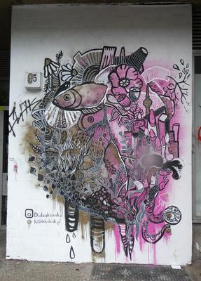 Abstract painting in brown and pink. Main elements are a brown fish and a pink flower