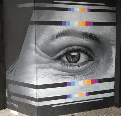 large human eye and eyebrow in black and white; above and below are horizontal bars with colored rectangles.