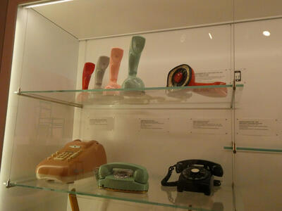 display case with telephones