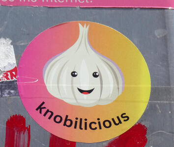 garlic clove labeled knobilicious