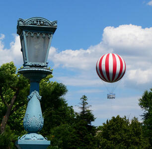 red and white striped hot air balloon