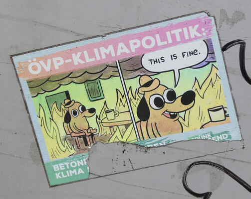 ÖVP-Klimapolitik: (meme with dog sitting in middle of fire saying “This is fine”)