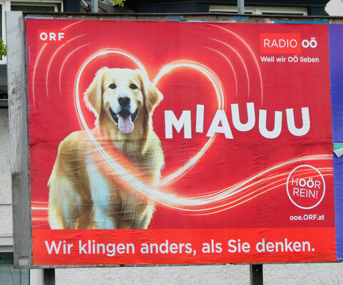 Dog with word MIAUUU.  “Wir klingen anders, als Sie denken.”