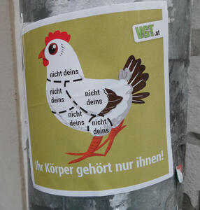 Cartoon of chicken with dotted lines; each part of the chicken is labeled „nicht deins“. Caption: „Ihr Körper gehört nur ihnen!“