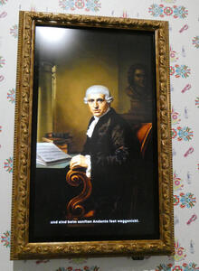 Video screen with animated picture of Haydn talking about his works.