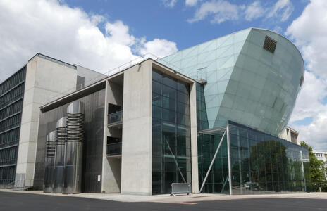 Modernist building with translucent glass walls