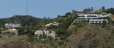 View of buildings from Getty Center; futuristic-looking buildling at right