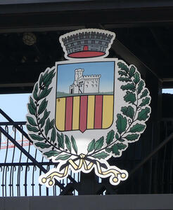 Shield with crown on top, surrounded by olive branches