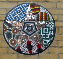 Circular mosaic of geometric shapes (non-symmetrically arranged)