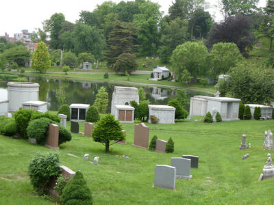 Mausoleums around edge of an elliptical lake