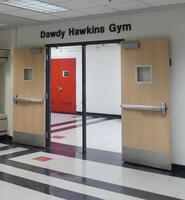 Entrance doors to Dawdy Hawkins Gym