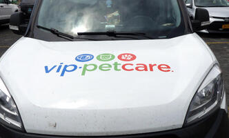Hood of pet care van with icon of dog, cat, and paw print with a red cross