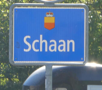 Blue street sign with Schaan in white letters