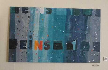 Mostly blue painting. Text: EINS 1