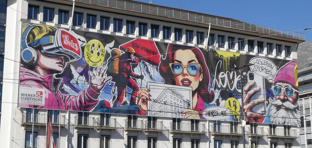 Colourful pop-art style advertisement for insurance company; boy wearing VR goggles, workman, woman in glasses showing building plan, old man with moustache and beard wearing a purple beanie and holding cell phone