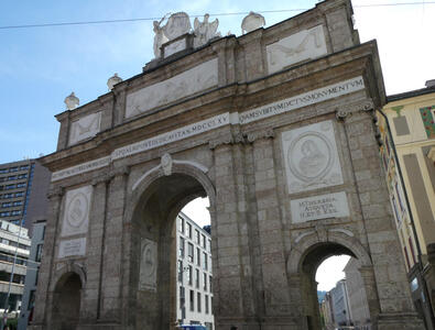 Triumphal arch with Latin inscription. Date reads 1765.