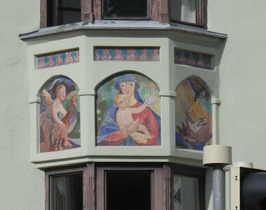 Pastel fresco of madonna and child, angel with rooster at left