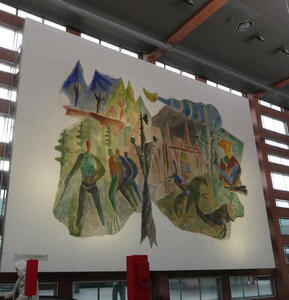 Large watercolor-style painting. Atleft, several men walking. At right, a tree branch and a woman holding a figurine