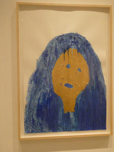 blue hair gold face woman